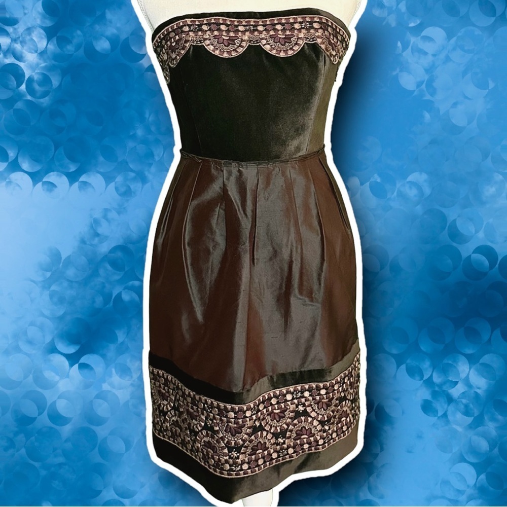 NWT Tocca Brown Embroidered Trim Velvet & Silk Strapless Mini Dress Size 2